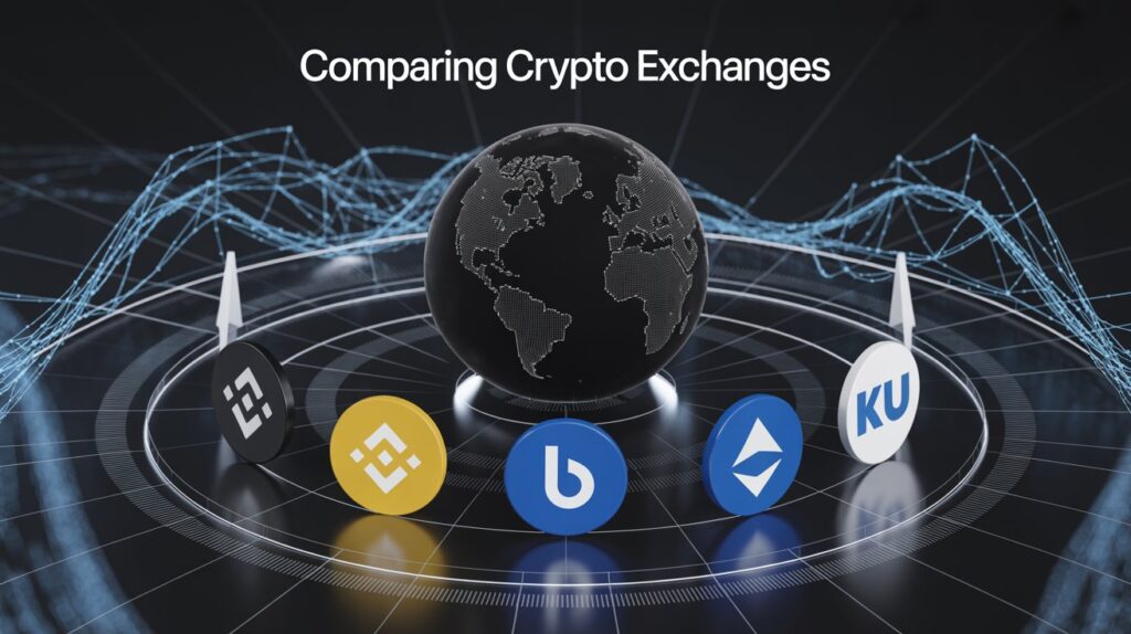 Infographic comparing top crypto exchanges with logos, blockchain visuals, and digital security elements
