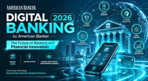 Futuristic Digital Banking 2026 conference banner featuring AI-powered banking, cybersecurity, cloud technology, and financial innovation with glowing cyan and teal digital visuals.