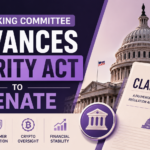 US banking committee advances Clarity Act thumbnail featuring the US Capitol building, financial regulation document, crypto oversight icons, and bold purple-themed Senate legislation graphics.