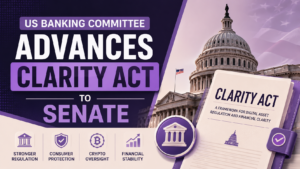 US banking committee advances Clarity Act thumbnail featuring the US Capitol building, financial regulation document, crypto oversight icons, and bold purple-themed Senate legislation graphics.