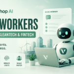 VaayuShop AI co-workers launch banner showing a futuristic AI robot using a laptop with cleantech and fintech icons, smart automation tools, and modern digital business technology background.