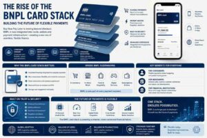 BNPL card stack concept showing buy now pay later payments integrated into digital card systems.