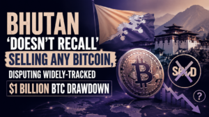Bhutan bitcoin controversy thumbnail showing Bhutan flag, Bitcoin coin, crypto market decline chart, and headline about disputed $1 billion BTC drawdown and denied bitcoin sale reports.
