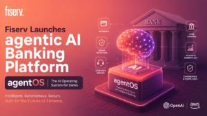 Fiserv agentOS AI banking platform illustration showing futuristic banking automation, AI agents, fraud detection, payments, and digital finance technology with OpenAI and AWS integration.