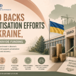 EBRD-backed Ukraine privatisation funding banner showing Ukraine map, government building, financial growth charts, investment coins, and economic recovery visuals in a corporate infographic style.