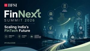 Futuristic ETBFSI FinNext Summit 2026 banner showcasing India’s fintech growth with digital finance, AI, cybersecurity, and smart city visuals in a modern corporate design.