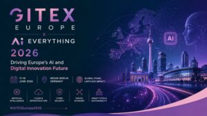 Futuristic GITEX Europe x Ai Everything 2026 banner featuring Europe’s AI-powered digital future with smart cities, cybersecurity, cloud infrastructure, and neon-inspired technology visuals in a modern purple-toned design.
