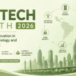 Modern Fintech South 2026 conference banner highlighting digital banking, fintech innovation, cybersecurity, and AI analytics with a clean green-themed futuristic cityscape design.