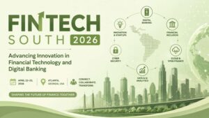 Modern Fintech South 2026 conference banner highlighting digital banking, fintech innovation, cybersecurity, and AI analytics with a clean green-themed futuristic cityscape design.