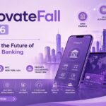 Futuristic FinovateFall 2026 conference banner showcasing fintech innovation, digital banking, AI, real-time payments, and cybersecurity with a sleek purple-themed modern cityscape design.