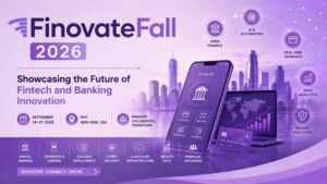 Futuristic FinovateFall 2026 conference banner showcasing fintech innovation, digital banking, AI, real-time payments, and cybersecurity with a sleek purple-themed modern cityscape design.