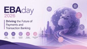 A futuristic corporate banner for EBAday 2026 featuring a glowing digital globe connected with payment and banking icons