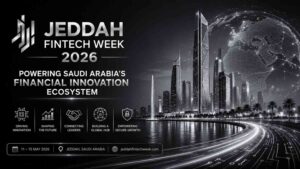 Alt Text: A futuristic monochrome banner for Jeddah Fintech Week 2026 featuring a glowing digital globe
