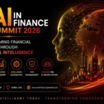 A futuristic AI finance summit banner featuring a digital human face, glowing global network, and smart city