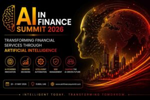 A futuristic AI finance summit banner featuring a digital human face, glowing global network, and smart city