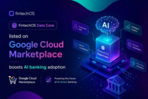 Futuristic fintech banner showing FintechOS Data Core listed on Google Cloud Marketplace with glowing AI visuals, digital banking icons, neon circuit connections