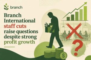 Graphic showing Branch International layoffs despite rising profits with charts, coins, and office visuals.