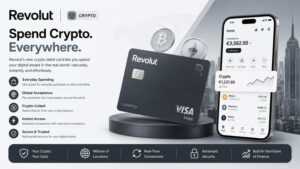 Revolut crypto debit card concept showing cryptocurrency payments, blockchain finance, and digital banking technology.