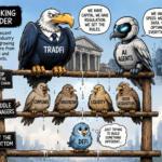 Editorial cartoon showing DeFi industry pressure from traditional finance firms and AI agents in digital markets.