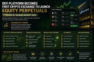 Equity perpetuals concept showing blockchain trading, Nasdaq market data, and decentralized finance platforms.