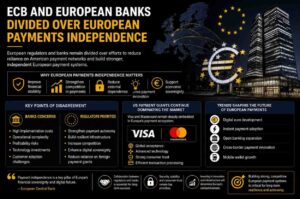 European payments independence concept showing digital payment infrastructure and European banking systems.