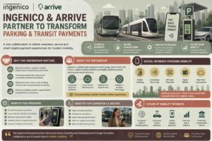 Ingenico and Arrive partnership concept showing digital parking and transit payment technology.