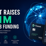 Fasset $51M Series B funding announcement graphic showing global stablecoin neobank expansion with mobile app, digital globe, and fintech branding.