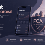 Wide fintech-themed banner illustrating Revolut FCA approval, featuring a smartphone trading dashboard, FCA authorised shield badge, and upward growth chart symbolizing regulated financial expansion and digital investment services in a modern corporate design.
