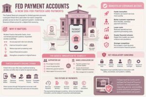 Fed payment accounts concept showing fintech firms connected to digital banking and payment infrastructure.
