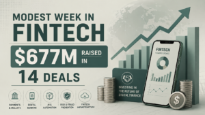 FinTech funding deals thumbnail showing $677 million raised across 14 investments with digital finance charts, fintech growth graphics, mobile banking icons, and startup funding visuals.