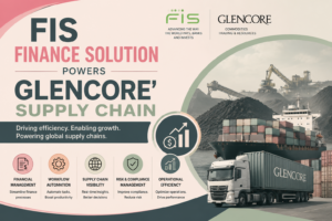 FIS finance solution thumbnail showing Glencore supply chain operations with cargo shipping, logistics transport, financial automation graphics, and enterprise workflow technology visuals.