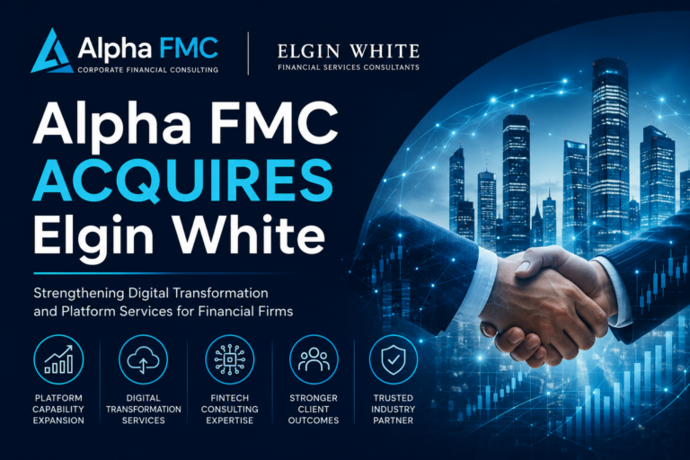 Corporate announcement banner reading “Alpha FMC Acquires Elgin White,” featuring two professionals shaking hands over a digital city skyline, highlighting fintech consulting, digital transformation, and platform expansion.