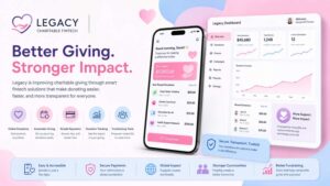 Legacy charitable fintech concept showing digital donations, nonprofit fundraising, and online payment technology.