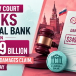 Moscow court Euroclear damages claim thumbnail showing legal gavel, Euroclear document, Russian financial backdrop, central bank symbol, and $249 billion financial dispute graphics.