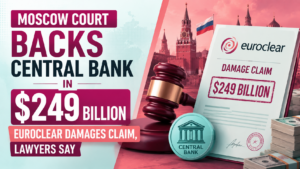Moscow court Euroclear damages claim thumbnail showing legal gavel, Euroclear document, Russian financial backdrop, central bank symbol, and $249 billion financial dispute graphics.