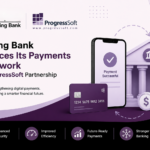 Housing Bank and ProgressSoft partnership announcement banner showing digital payments, banking security icons, mobile payment confirmation, and corporate fintech design in purple tones.