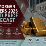 Gold price forecast concept showing gold bars, financial market charts, and investment analysis.