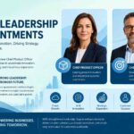 Corporate infographic announcing Sage leadership appointments, featuring executive portraits, cloud growth, AI innovation, and business strategy visuals in a modern blue-themed design.