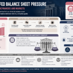 Infographic titled “US Debt Load & Fed Balance Sheet Pressure” showing rising US federal debt, reasons the Fed balance sheet expanded, the Warsh plan for gradual reduction, impacts on bond markets and liquidity, risks of shrinking too fast, and the future outlook for inflation, stability, and global markets.