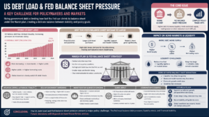 Infographic titled “US Debt Load & Fed Balance Sheet Pressure” showing rising US federal debt, reasons the Fed balance sheet expanded, the Warsh plan for gradual reduction, impacts on bond markets and liquidity, risks of shrinking too fast, and the future outlook for inflation, stability, and global markets.