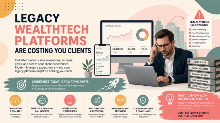 An infographic titled "Legacy WealthTech Platforms Are Costing You Clients." It contrasts a stressed professional using outdated, manual systems with sleek modern portfolio dashboards, highlighting benefits like cloud scalability, AI insights, and improved digital experiences.