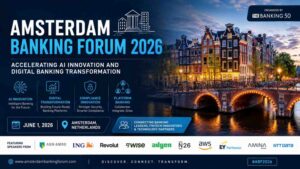 Amsterdam Banking Forum 2026 promotional banner featuring Amsterdam canal views, AI banking innovation themes, digital transformation highlights, fintech collaboration, and event details for June 1, 2026 in Amsterdam, Netherlands.