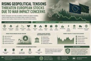 European stocks war impact concept showing financial market volatility and geopolitical tension.