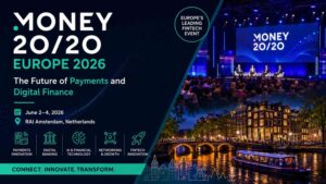 Money20/20 Europe 2026 promotional banner featuring fintech innovation, digital banking, AI finance, networking, and payments technology