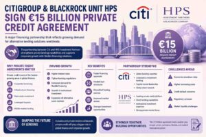 Private credit agreement concept showing corporate finance, institutional lending, and alternative investment markets.