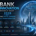 futuristic banking conference banner with a glowing digital globe