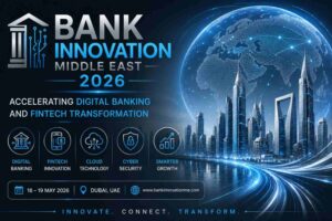 futuristic banking conference banner with a glowing digital globe