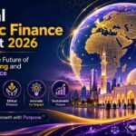 A modern Islamic finance summit banner featuring a glowing global network, mosque architecture, and a futuristic city skyline in navy, gold, and purple tones.