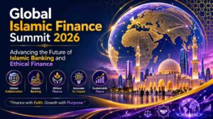 A modern Islamic finance summit banner featuring a glowing global network, mosque architecture, and a futuristic city skyline in navy, gold, and purple tones.