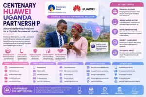 Centenary Huawei Uganda partnership concept showing digital banking and financial inclusion technology in Uganda.